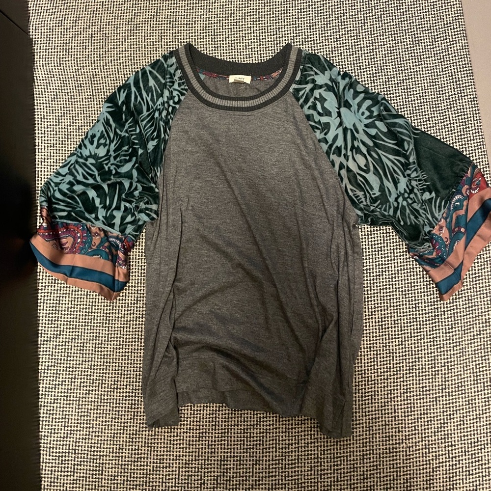 Anthropologie Gray Top with Patterned Sleeves